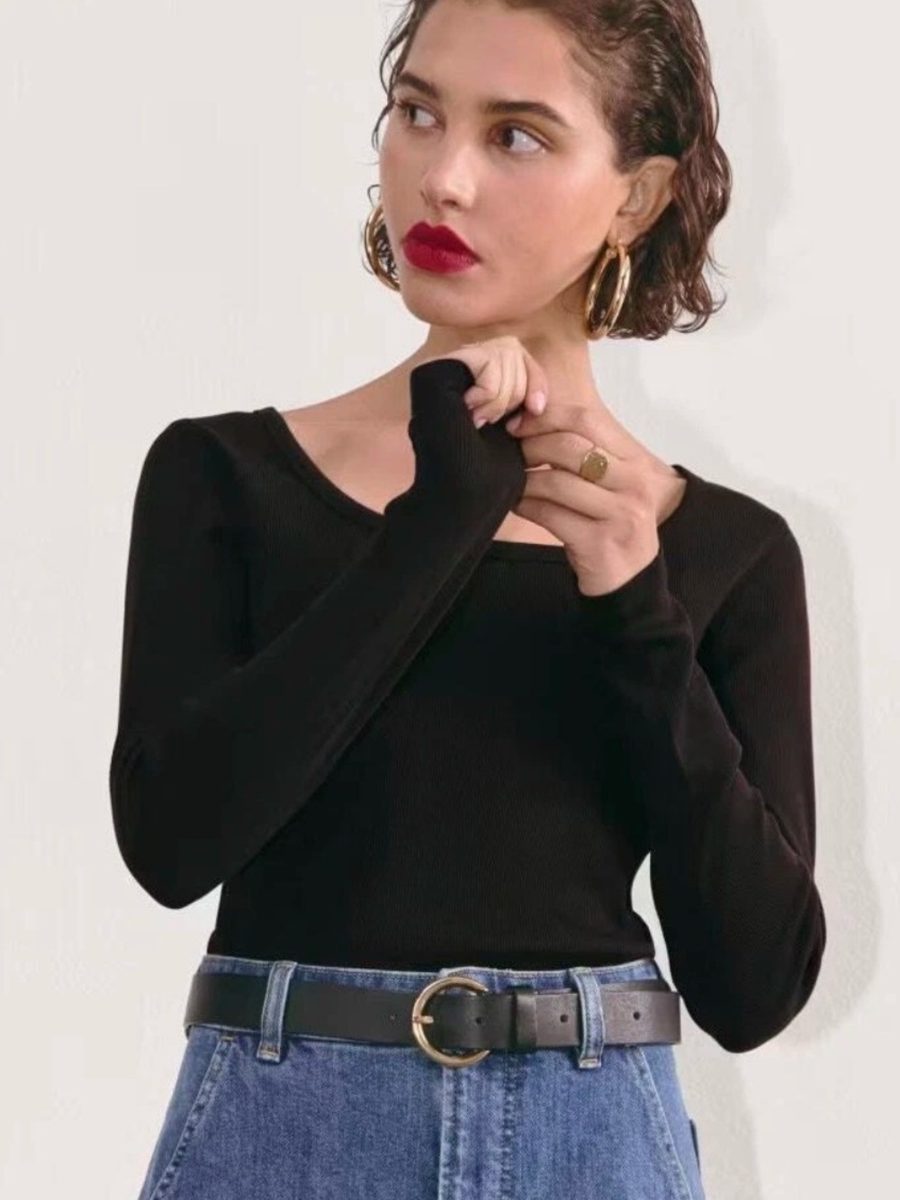 Everlane Luxe Rib Long Sleeve Scoop Neck Tee in Black Size S Supima Cotton, Luxe - Picture 8 of 8